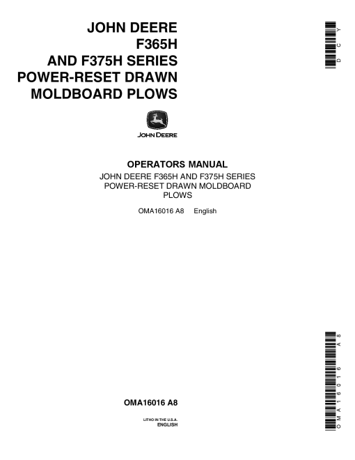 John Deere F365H, F375H Series Power-Reset Drawn Moldboard Plows OMA16016 Operators and Maintenance Manual PDF Download