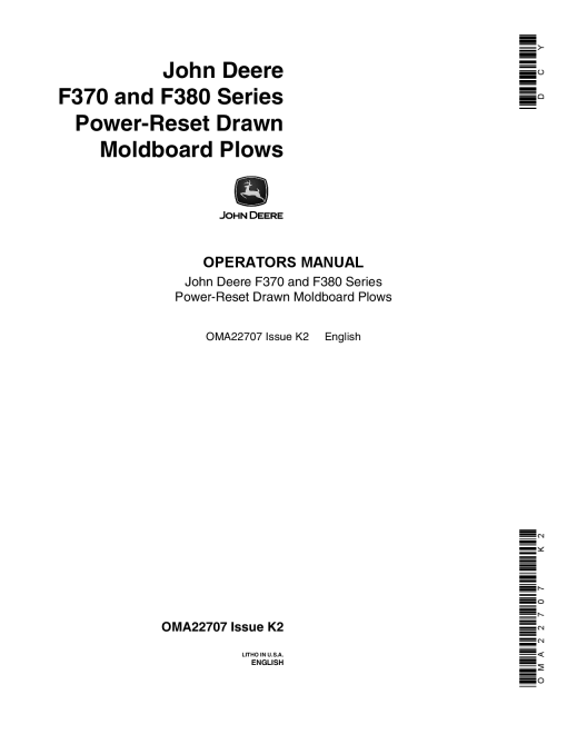 John Deere F370, F380 Moldboard Plow OMA22707 Operators and Maintenance Manual PDF Download