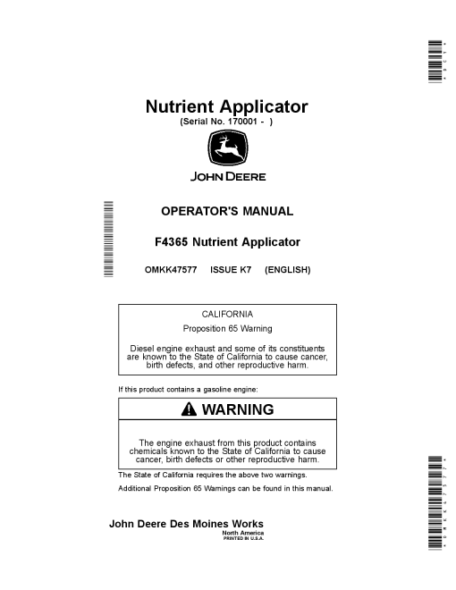 John Deere F4365 Nutrient Applicator OMKK47577 Operators and Maintenance Manual PDF Download