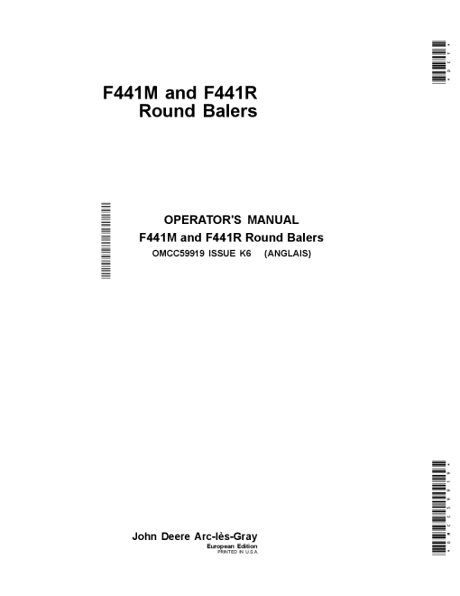 John Deere F441M & F441R Round Balers OMCC59919 Operators and Maintenance Manual PDF Download