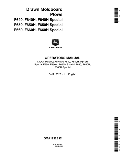 John Deere F610, F640, F64OH, F650, F650H, F660, F660H Drawn Moldboard Plow OMA12323 Operators and Maintenance Manual PDF Download