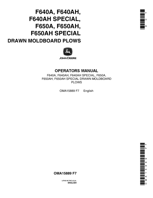 John Deere F640A, F640AH, F650A, F650AH Moldboard Plow OMA15889 Operators and Maintenance Manual PDF Download