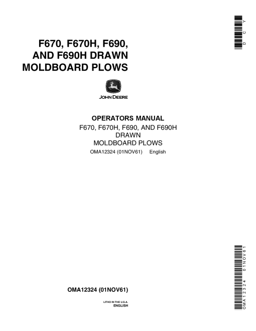 John Deere F670, F670H, F690, F690H Moldboard Plow OMA12324 Operators and Maintenance Manual PDF Download