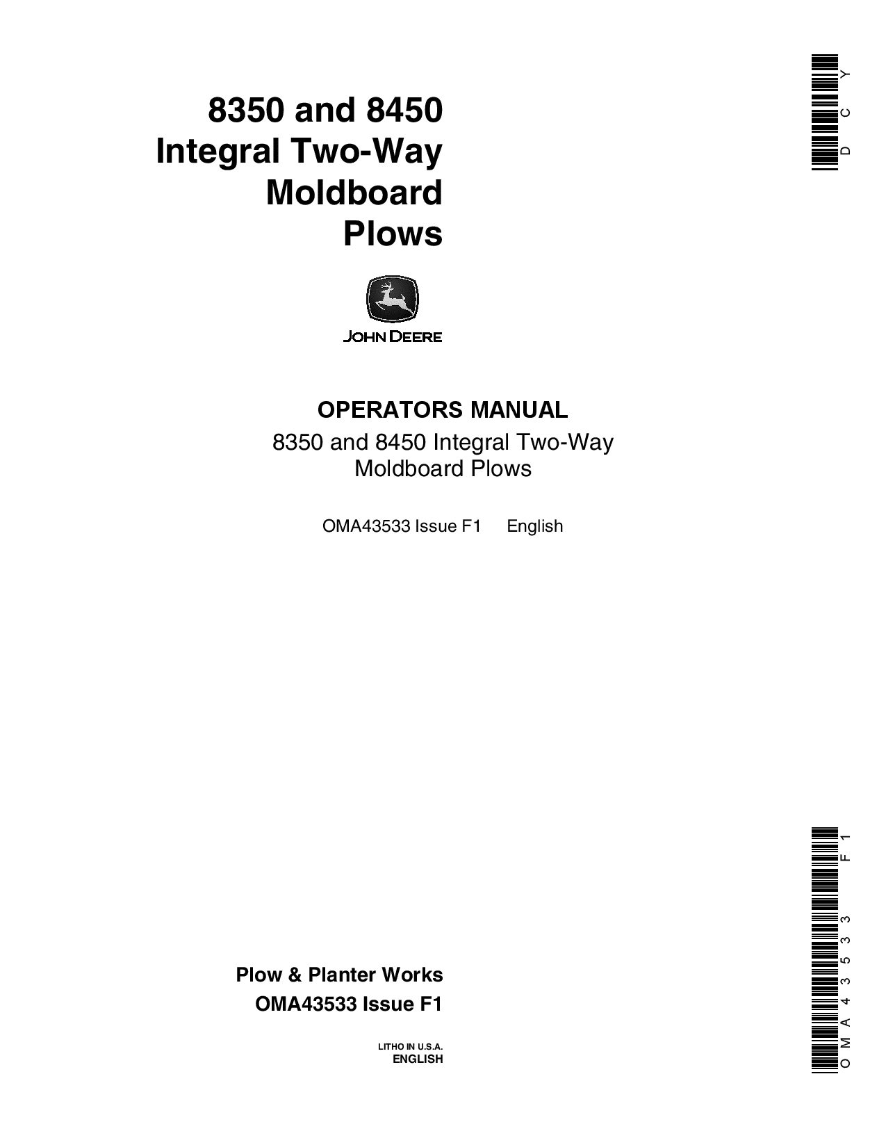 John Deere F8350, F8450 Moldboard Plow OMA43533 Operators and Maintenance Manual PDF Download