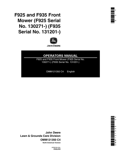 John Deere F925 (130271-), F935 (130001-) Front Mower OMM121350 Operators and Maintenance Manual PDF Download