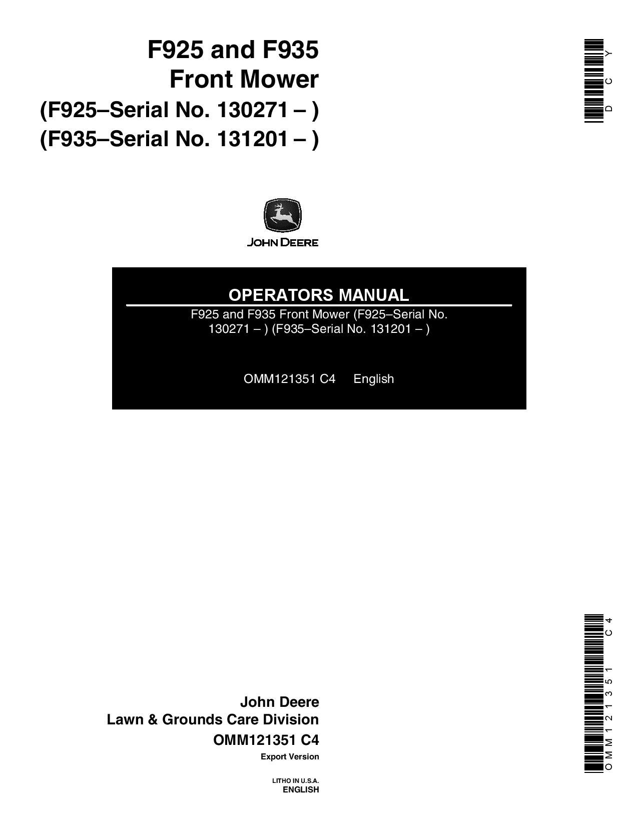 John Deere F925 (130271 -), F935 (131201-) Front Mower OMM121351 Operators and Maintenance Manual PDF Download