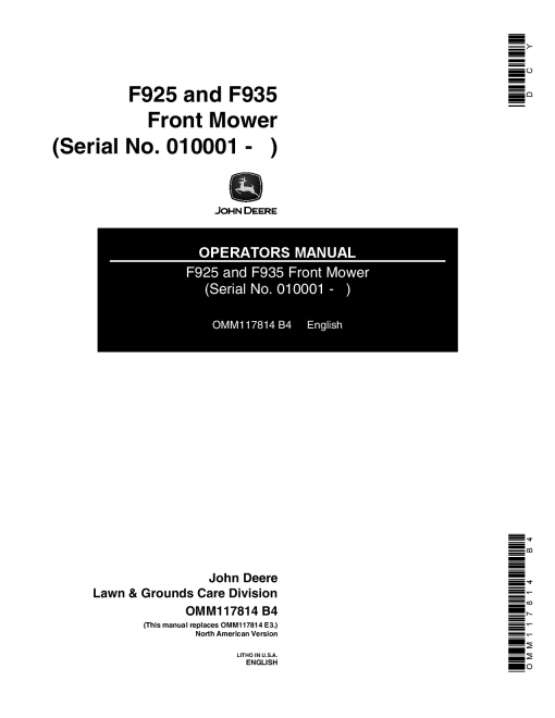 John Deere F925, F935 Front Mower (010001-) OMM117814 Operators and Maintenance Manual PDF Download