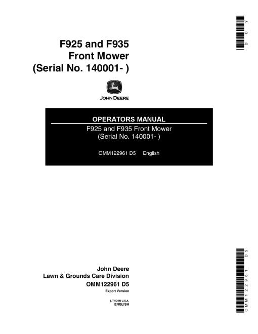 John Deere F925, F935 Front Mower (140001-) OMM122961 Operators and Maintenance Manual PDF Download