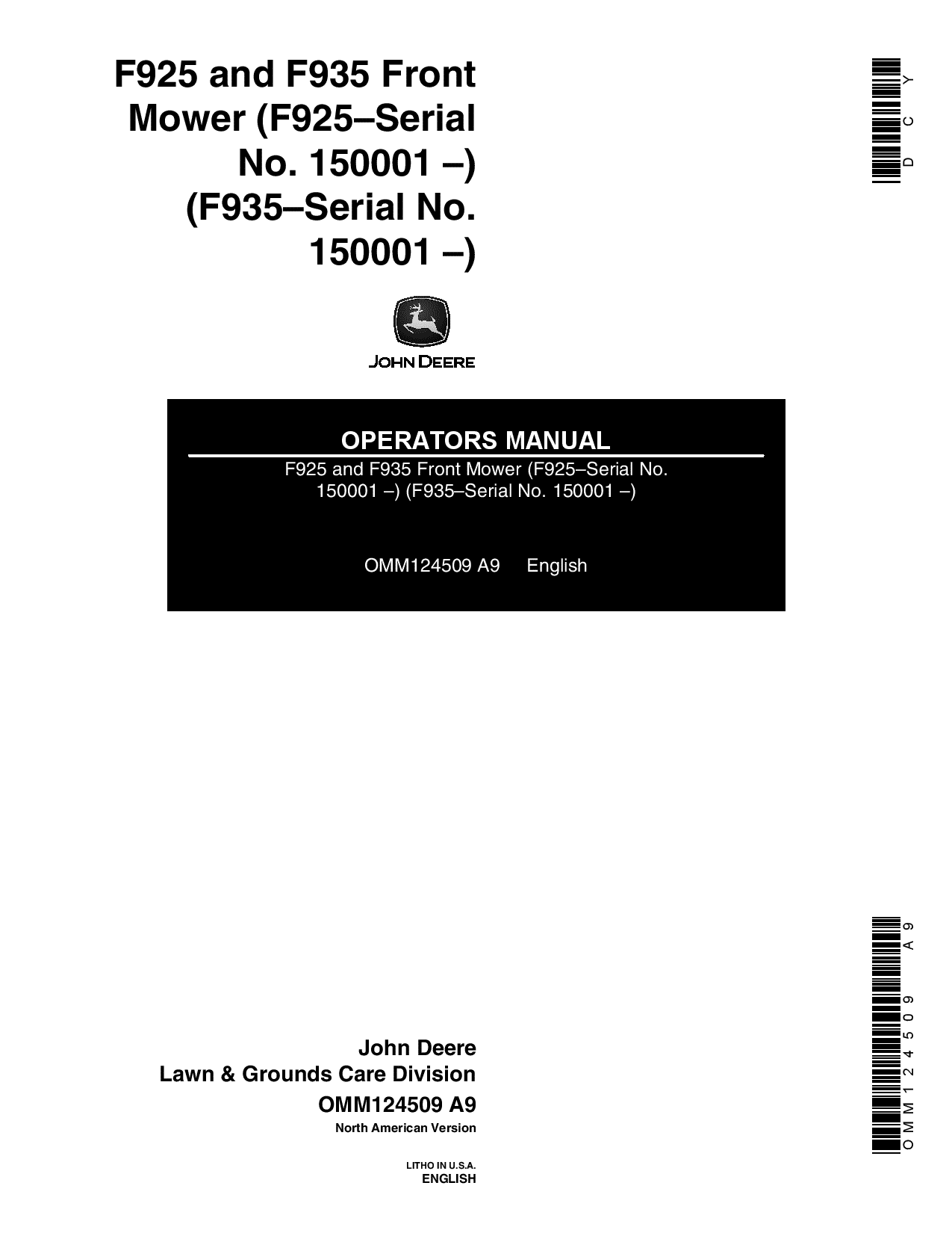John Deere F925, F935 Front Mower (150001-) OMM124509 Operators and Maintenance Manual PDF Download