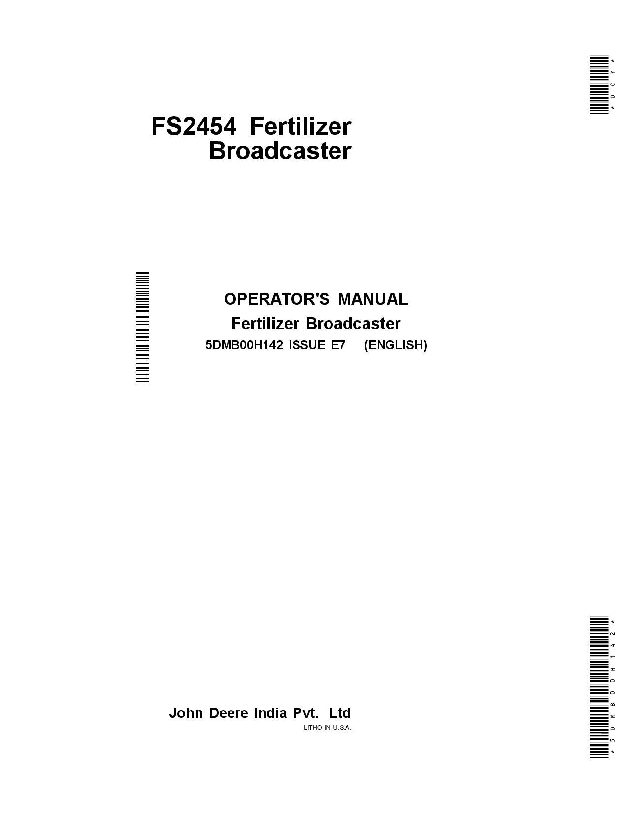 John Deere FS2454 Fertilizer Broadcaster 5DMB00H142 Operators and Maintenance Manual PDF Download