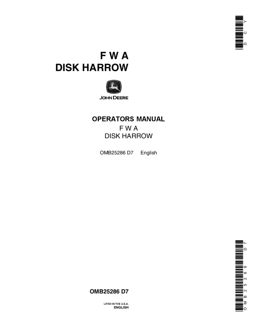 John Deere FWA Disk Harrow OMB25286 Operators and Maintenance Manual PDF Download