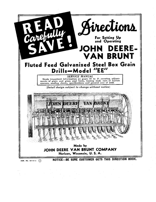 John Deere Fluted Feed Galvanized Steel Box Grain Drills - Models EE DIR19 Operators and Maintenance Manual PDF Download