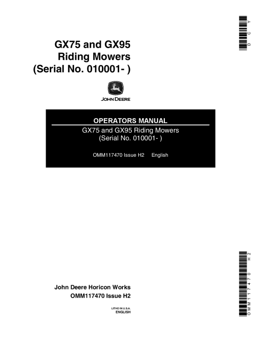 John Deere GX75 & GX95 Riding Mowers OMM117470 Operators and Maintenance Manual PDF Download