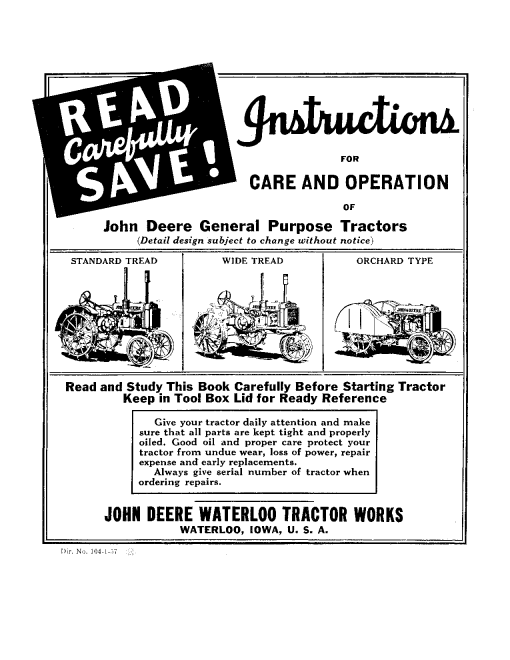 John Deere General Purpose Tractors - Standard Tread, Wide Tread, Orchard Type DIR104 Operators and Maintenance Manual PDF Download