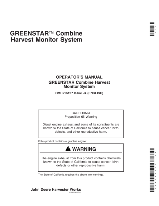 John Deere Greenstar Combine Harvest Monitor System OMH216127 Operators and Maintenance Manual PDF Download