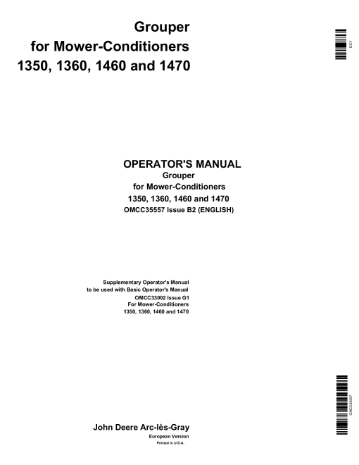 John Deere Grouper Attachment for 1350, 1360, 1460 &1470 Mower-Conditioners OMCC35557 Operators and Maintenance Manual PDF Download