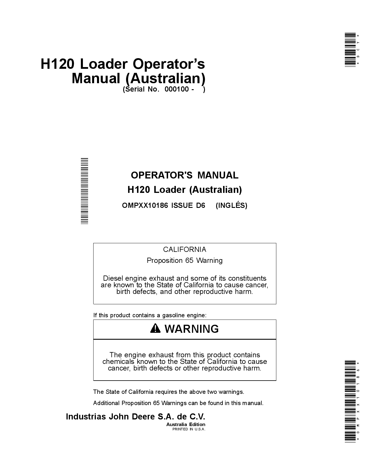 John Deere H120 Loaders Australian Edition (000100-) OMPXX10186 Operators and Maintenance Manual PDF Download