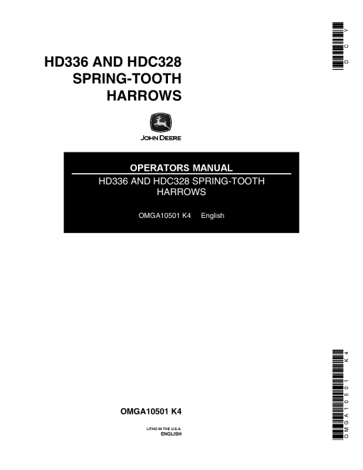 John Deere HD336, HDC328 Spring-Tooth Harrows OMGA10501 Operators and Maintenance Manual PDF Download