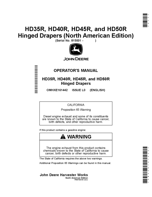 John Deere HD35R, HD40R, HD45R, and HD50R Hinged Drapers, (815001-) OMHXE161442 Operators and Maintenance Manual PDF Download