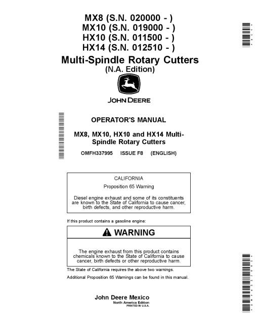John Deere HX10, HX14, MX8 & MX10 Multi-Spindle Rotary Cutters OMFH337995 Operators and Maintenance Manual PDF Download