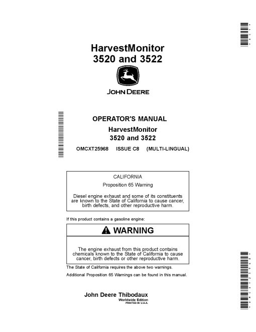 John Deere Harvest Monitor for 3520 and 3522 Sugar Cane Harvesters OMCXT25968 Operators and Maintenance Manual PDF Download