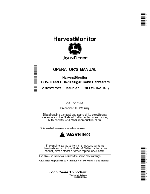 John Deere Harvest Monitor for CH570 and CH670 Sugar Cane Harvesters OMCXT25967 Operators and Maintenance Manual PDF Download