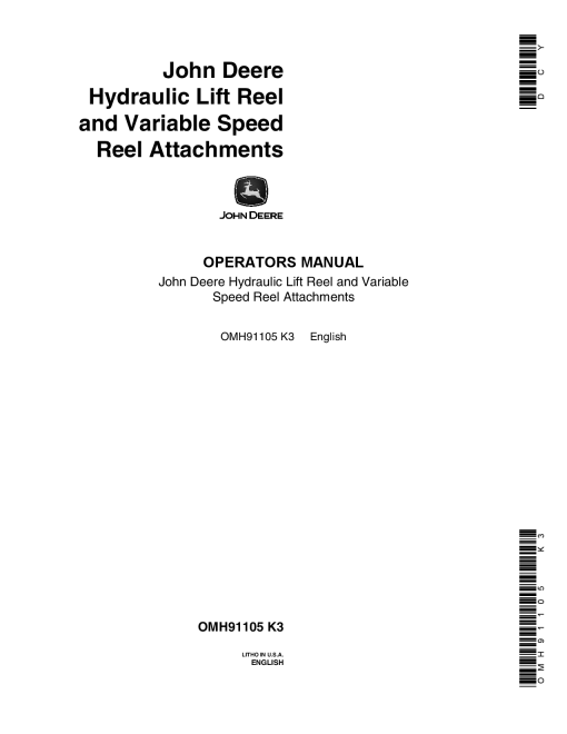 John Deere Hydraulic Lift Reel, Variable Speed Reel Attachments for 55 (69001-), 95 (20001-), 105 (30001-) Combines OMH91105 Operators and Maintenance Manual PDF Download