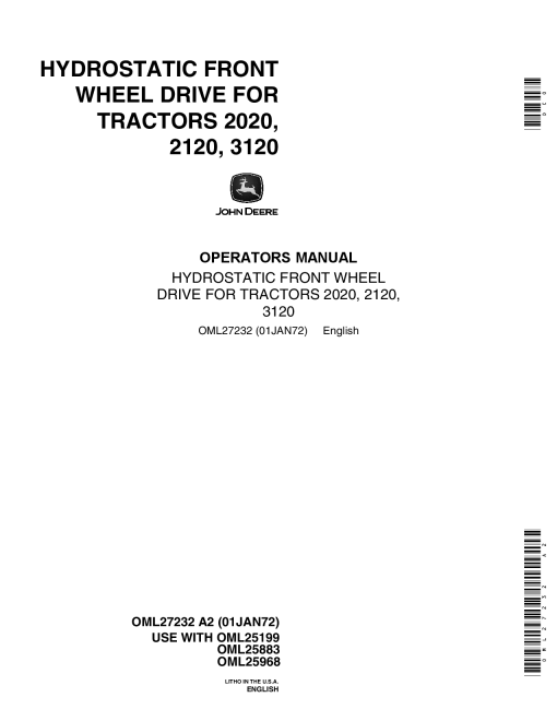 John Deere Hydrostataic Front Wheel Drive For Tractors 2020, 2120, 3120 OML27232 Operators and Maintenance Manual PDF Download