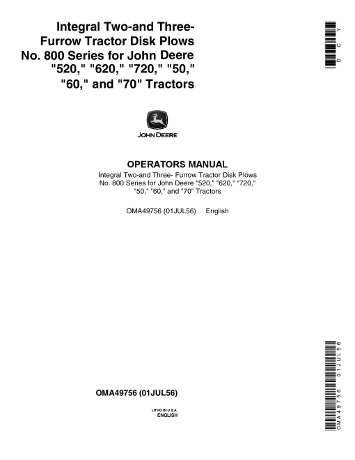 John Deere Integral 2- & 3-Furrow Tractor Disk Plows, 800 Series OMA49756 Operators and Maintenance Manual PDF Download