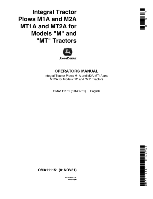 John Deere Integral Tractor Plows M1A, M2A, MT1A, MT2A OMA111151 Operators and Maintenance Manual PDF Download