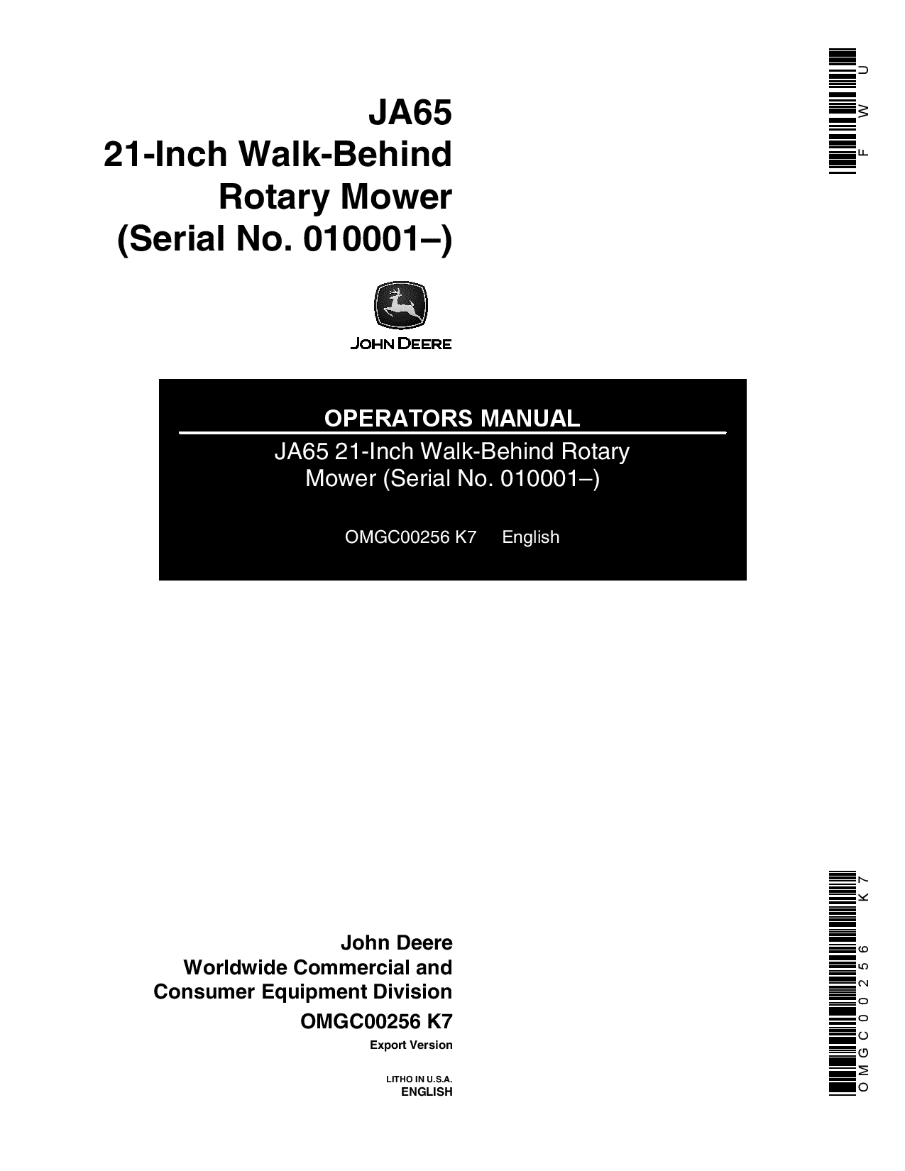 John Deere JA65 21-Inch Walk Behind Rotary Mower (010001-) OMGC00256 Operators and Maintenance Manual PDF Download