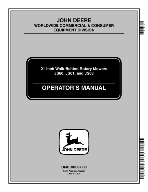 John Deere JS60, JS61, JS63 21-Inch Walk-Behind Rotary Mowers (010001-) OMGC00397 Operators and Maintenance Manual PDF Download
