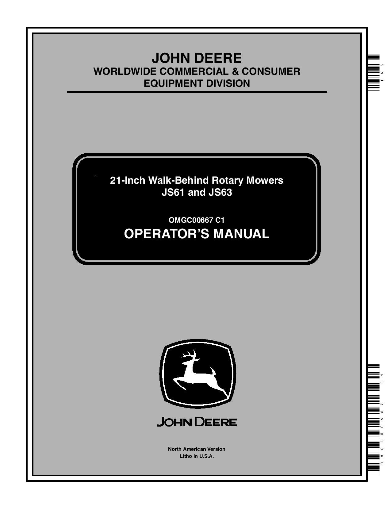 John Deere JS61, JS63 21-Inch WalkaBehind Rotary Mowers (100001-) OMGC00667 Operators and Maintenance Manual PDF Download