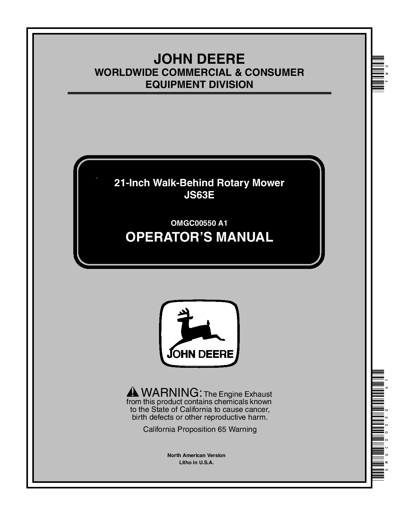 John Deere JS63E 21-Inch Walk-Behind Rotary Mower (100001-) OMGC00550 Operators and Maintenance Manual PDF Download
