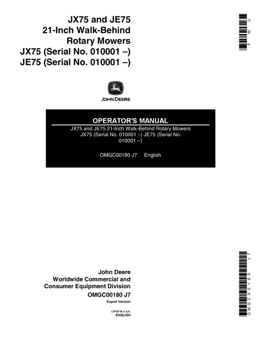 John Deere JX75 ,JE75 (010001-) 21-Inch Walk-Behind Rotary Mower OMGC00180 Operators and Maintenance Manual PDF Download