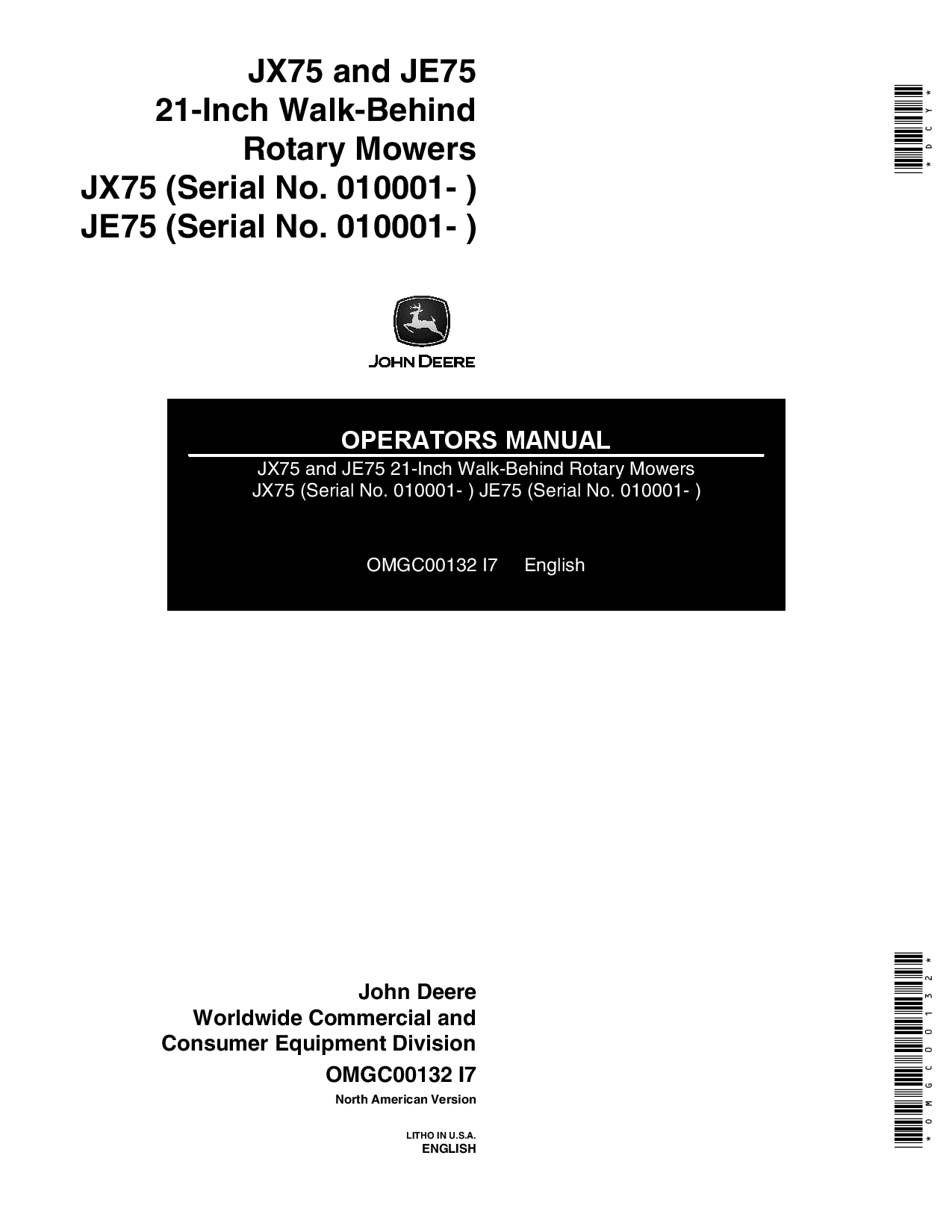 John Deere JX75, JE75 (010001-), 21-Inch Walk-Behind Rotary Mowers OMGC00132 Operators and Maintenance Manual PDF Download