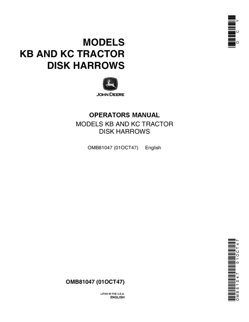 John Deere KB, KC Tractor Disk Harrows OMB81047 Operators and Maintenance Manual PDF Download