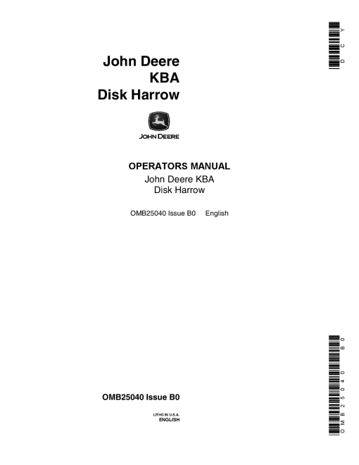 John Deere KBA Disk Harrow OMB25040 Operators and Maintenance Manual PDF Download
