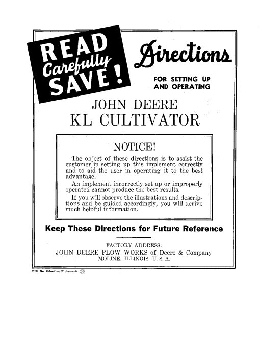 John Deere 'KL' Cultivator DIR197A Operators and Maintenance Manual PDF Download
