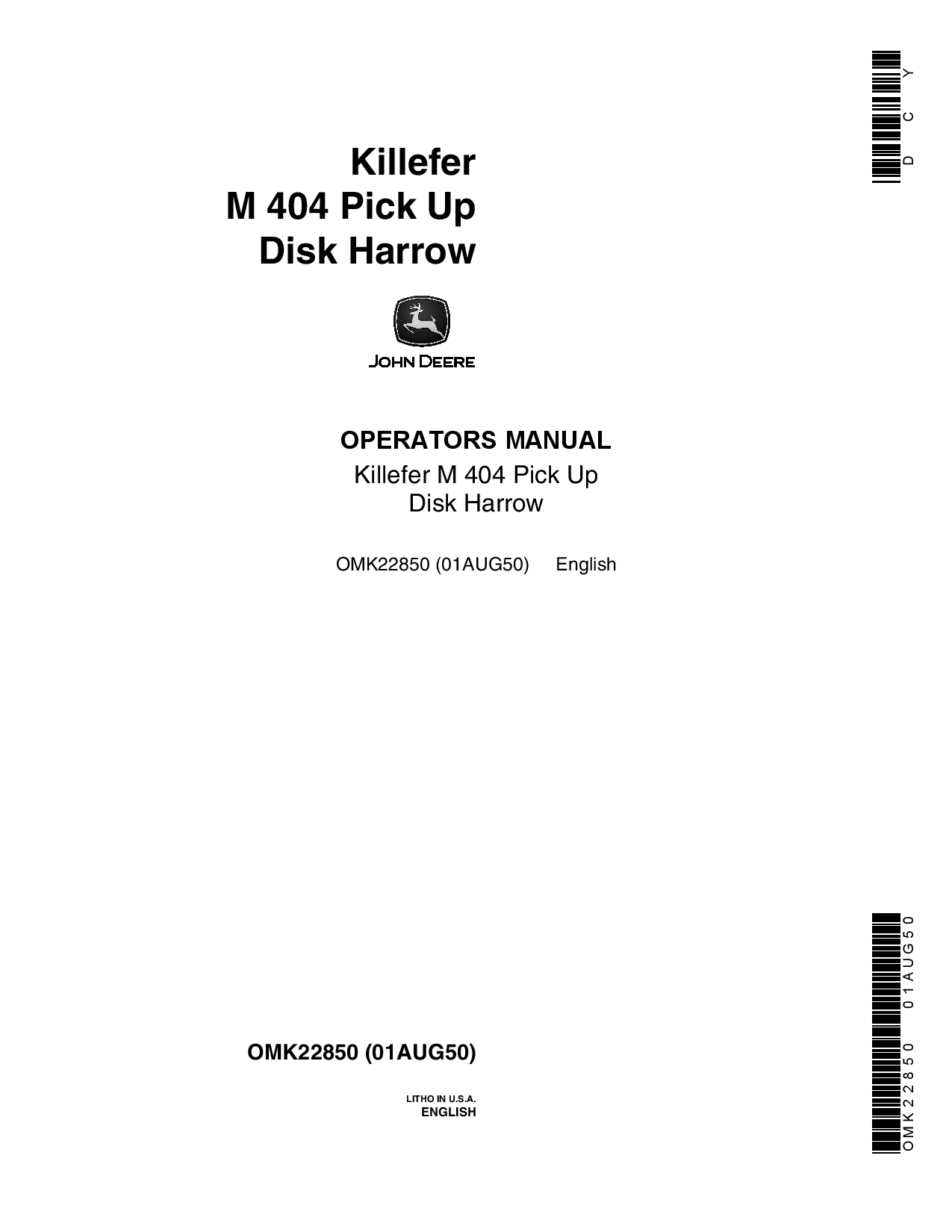 John Deere Killefer M404 Pickup 12-Disk Harrow OMK22850 Operators and Maintenance Manual PDF Download