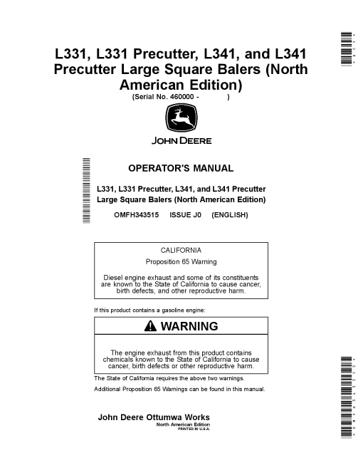 John Deere L331, L331 Precutter, L341, and L341 Precutter Large Square Balers (460000-) OMFH343515 Operators and Maintenance Manual PDF Download