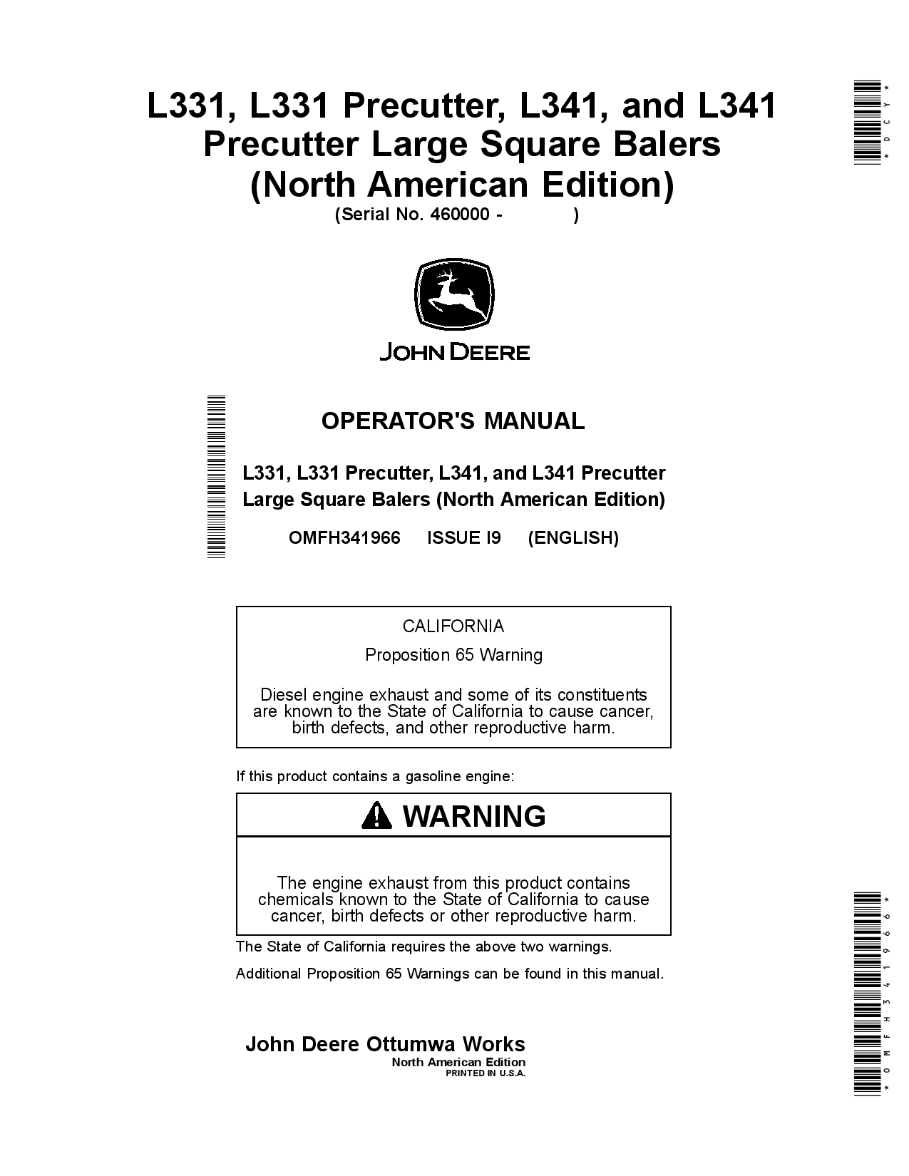 John Deere L331, L331 Precutter, L341, and L341 Precutter Large Square Balers OMFH341966 Operators and Maintenance Manual PDF Download