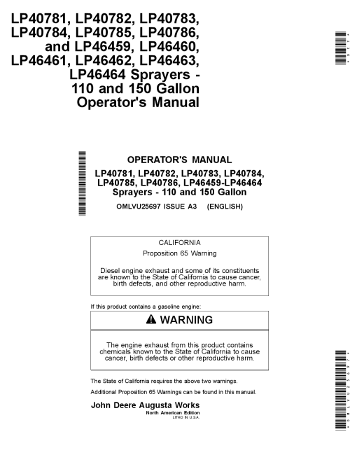 John Deere LP40781, LP40782, LP40783, LP40784, LP40785, LP40786 Sprayer - 110 Gallon OMLVU25697 Operators and Maintenance Manual PDF Download