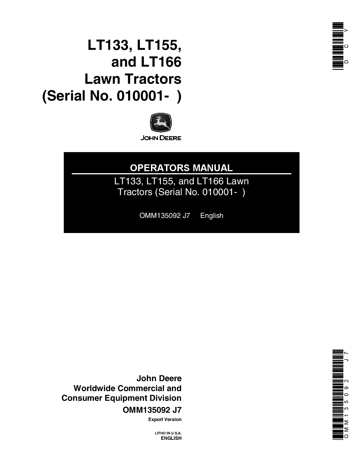 John Deere LT133, LT155 & LT166 Lawn Tractors Export Edition (010001-045000) OMM135092 Operators and Maintenance Manual PDF Download
