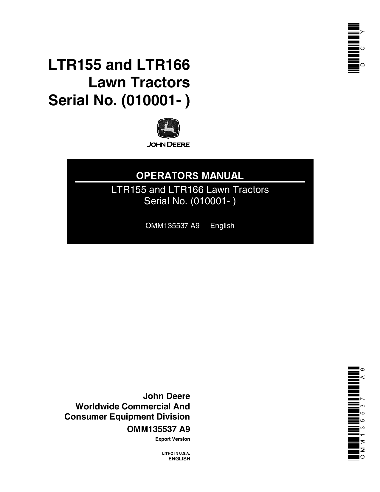 John Deere LTR155, LTR 166 Lawn Tractors (010001 -) OMM135537 Operators and Maintenance Manual PDF Download
