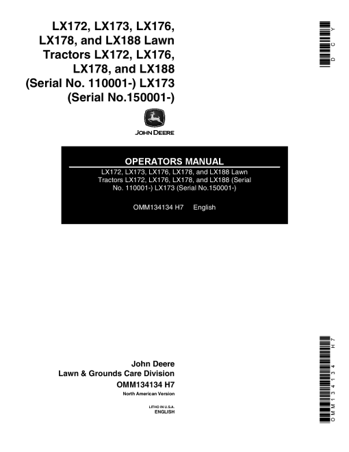 John Deere LX172, LX176, LX178, LX188 & LX173 Lawn Tractors OMM134134 Operators and Maintenance Manual PDF Download