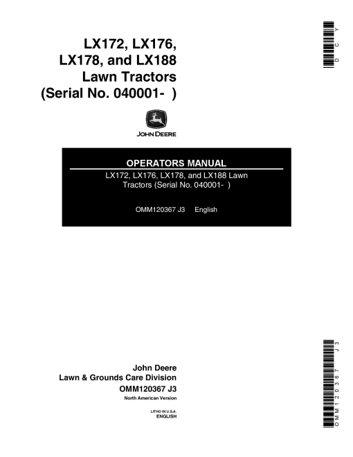 John Deere LX172, LX176, LX178 & LX188 Lawn Tractors OMM120367 Operators and Maintenance Manual PDF Download