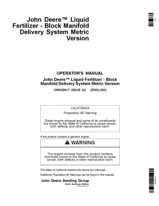 John Deere Liquid Fertilizer - Block Manifold Delivery System (Metric Version) OMA92917 Operators and Maintenance Manual PDF Download