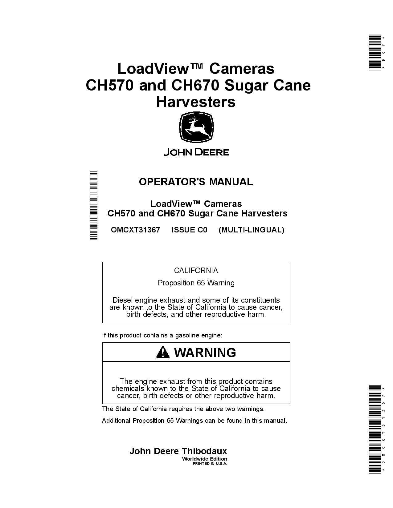John Deere Loadview Cameras CH570 and CH670 Sugar Cane Harvesters OMCXT31367 Operators and Maintenance Manual PDF Download