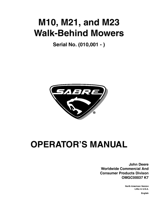 John Deere M10, M21 & M23 21-Inch Sabre Rotary Walk-Behind Mowers (010001-) OMGC00037 Operators and Maintenance Manual PDF Download